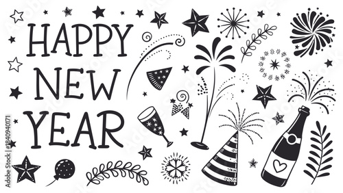 Happy New Year celebration with festive decorations and fireworks