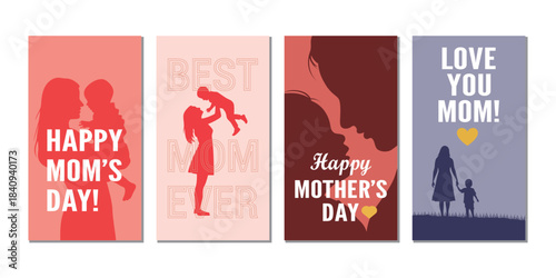 Happy mothers day greeting cards set with mom and child silhouettes