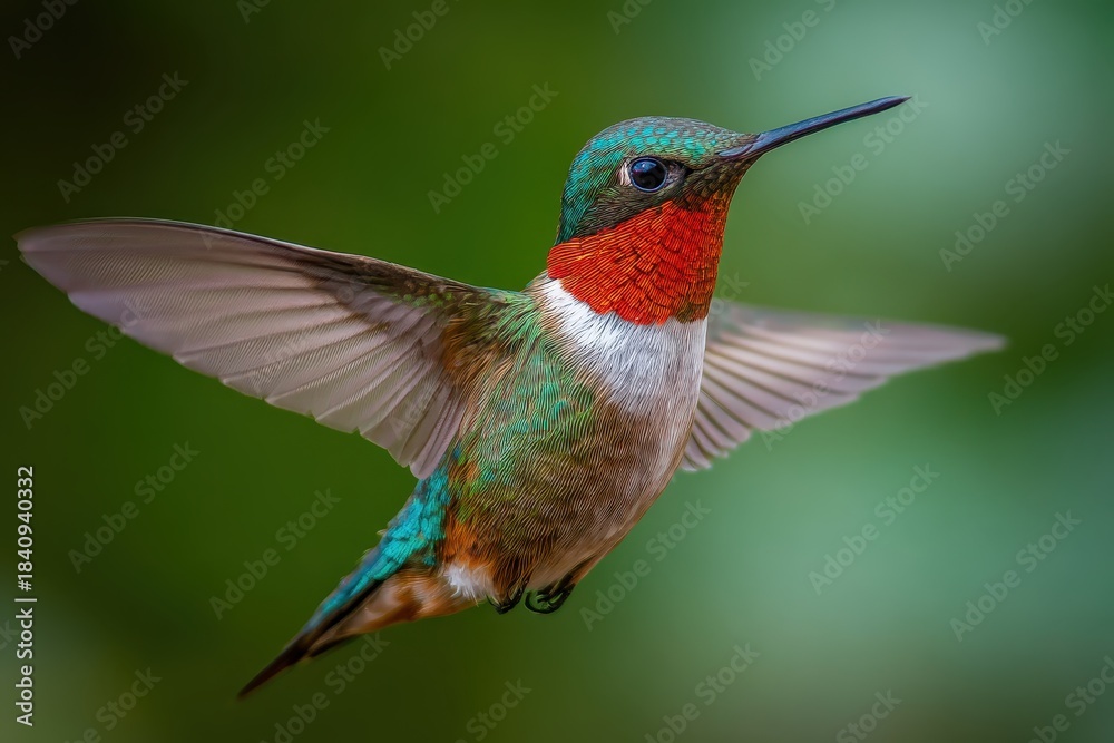 Naklejka premium Realistic hummingbird captured mid-flight with vibrant colors in a lush green background showcasing nature's beauty