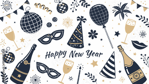 Celebrate New Year's Eve with festive party decorations and champagne