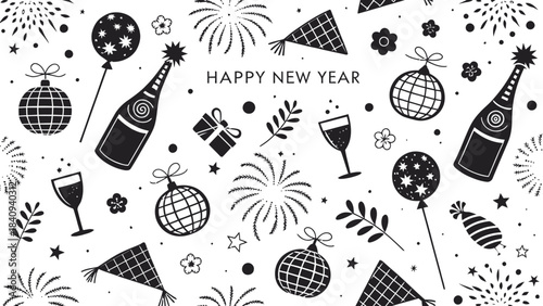 Happy New Year celebration with festive decorations and champagne