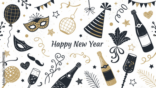 New Year's party elements with champagne and masks