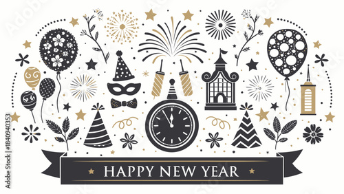 Happy New Year celebration with festive decorations and fireworks