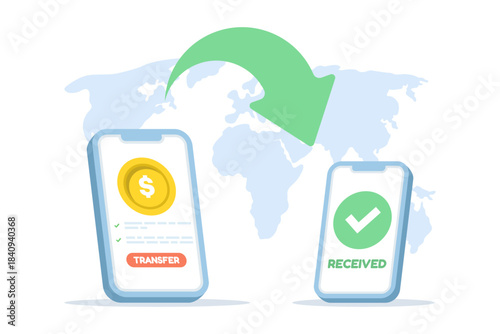 Vector illustration of a smartphone with a world map, symbolizing worldwide money transfers and smooth international transactions via mobile apps. Flat vector illustration on a white background.