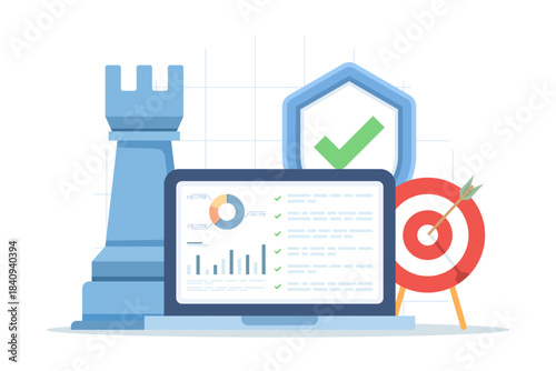 Vector illustration of ROI with financial investment analysis, marketing performance, and secure deposits, symbolizing data-driven strategy and financial protection.