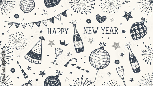 Happy New Year celebration with festive decorations and champagne