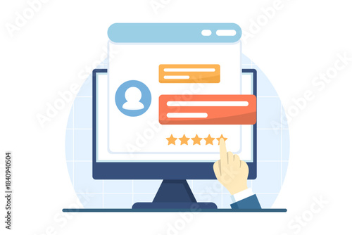 Illustration showing users posting five-star reviews and feedback, representing online brand experience sharing, customer satisfaction, and digital marketing.