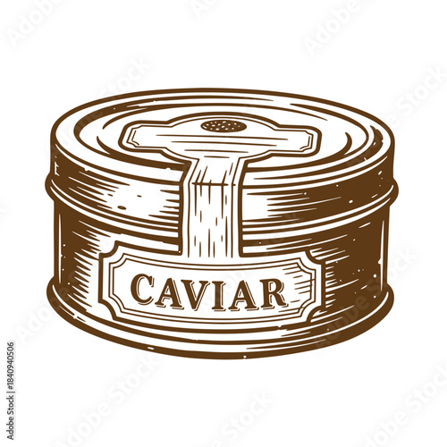 Vintage sketch illustration of a caviar tin can isolated on white background