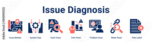 Issue Diagnosis web banner icon vector illustration concept for Business with icon of Issue Marker, System Gap, Fault Trace, Pain Point, Problem Scan, Weak Chain.