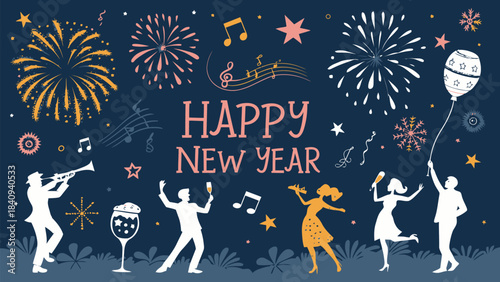 Vibrant New Year's Eve celebration with dancing silhouettes and fireworks