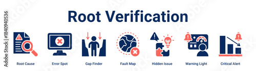Root Verification web banner icon vector illustration concept for Business with icon of Root Cause, Error Spot, Gap Finder, Fault Map, Hidden Issue, Warning Light.