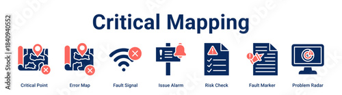 Critical Mapping web banner icon vector illustration concept for Business with icon of Critical Point, Error Map, Fault Signal, Issue Alarm, Risk Check, Fault Marker.