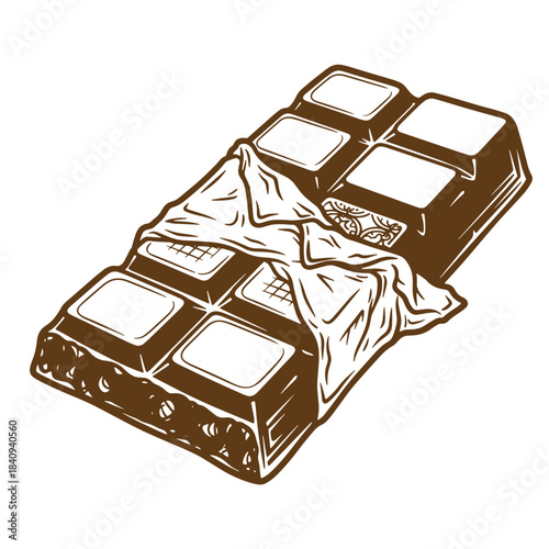 Vintage sketch illustration of a delicious chocolate bar with partially unwrapped packaging