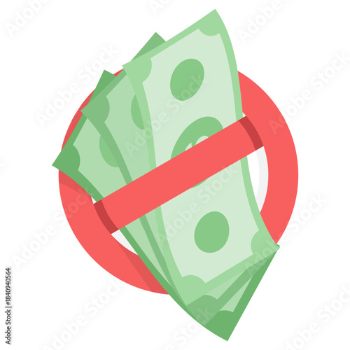 Money icon with a prohibition sign. The concept of online payments and a cashless economy with digital finance, e-wallets, and secure electronic transactions. Only cashless payments are accepted.