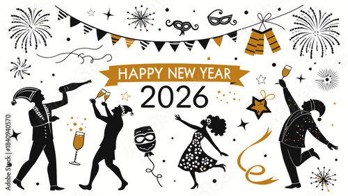 People celebrating New Year's Eve with fireworks and champagne