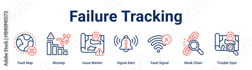 Failure Tracking web banner icon vector illustration concept for Business with icon of Fault Map, Misstep, Issue Marker, Signal Alert, Fault Signal, Weak Chain.