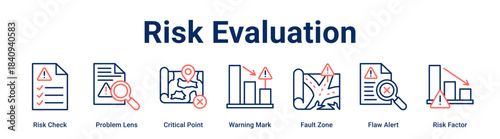 Risk Evaluation web banner icon vector illustration concept for Business with icon of Risk Check, Problem Lens, Critical Point, Warning Mark, Fault Zone, Flaw Alert.
