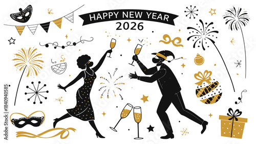 Happy New Year 2026 celebration with dancing couple and festive decorations