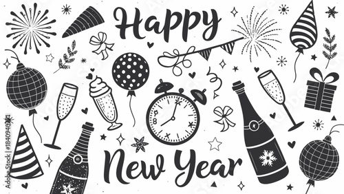 Happy New Year celebration with festive icons and decorations