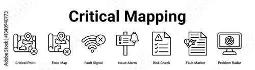 Critical Mapping web banner icon vector illustration concept for Business with icon of Critical Point, Error Map, Fault Signal, Issue Alarm, Risk Check, Fault Marker.