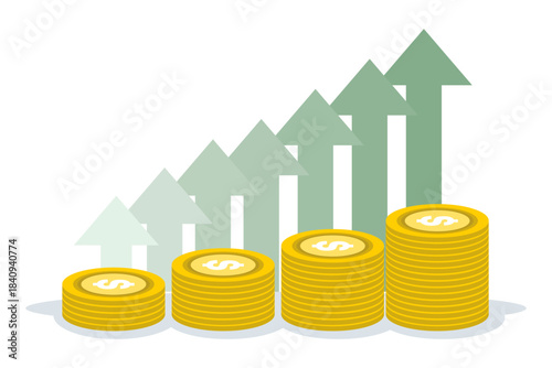Illustration showing green up arrows with coin stacks, representing business growth, rising profits, financial improvement, and investment gains in flat vector style.
