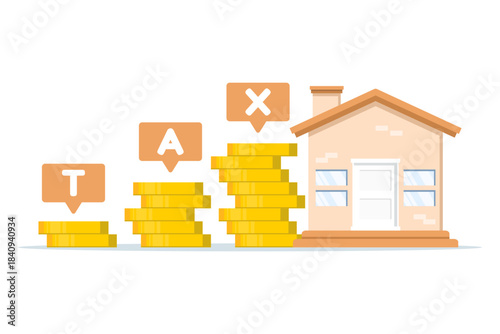 Illustration showing a house alongside coin stacks, symbolizing property tax, housing payments, and real estate financial responsibilities.