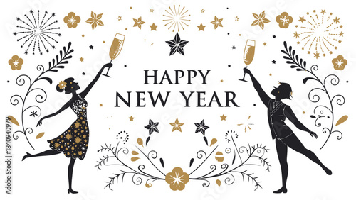 Celebrating Happy New Year with joyful women dancing and champagne