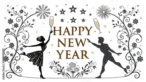 Celebrating New Year's with joyful couple dancing and champagne