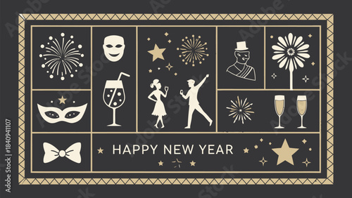 Elegant New Year's Eve celebration graphics with masks and fireworks