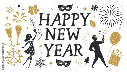 Happy New Year celebration with festive decorations and champagne