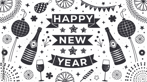 Celebrate with stylish Happy New Year party decorations and champagne