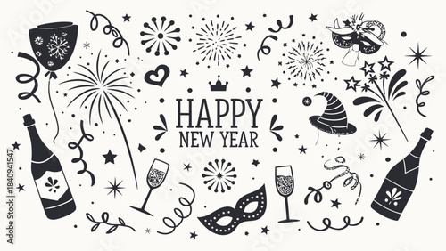 Happy New Year celebration with festive decorations and champagne