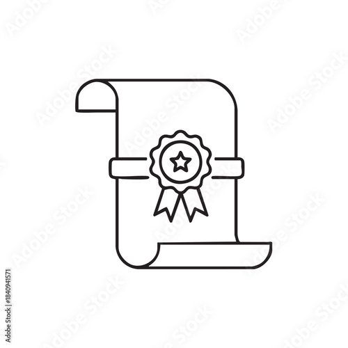Illustration of a certificate or award scroll with a ribbon and star emblem.