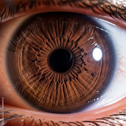 Close-up view of a detailed human eye, showcasing intricate patterns in the brown iris.