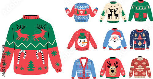 Ugly Christmas sweaters collection, knitted vector cardigans and pullovers with festive holiday patterns, funny winter season clothing, decoration.