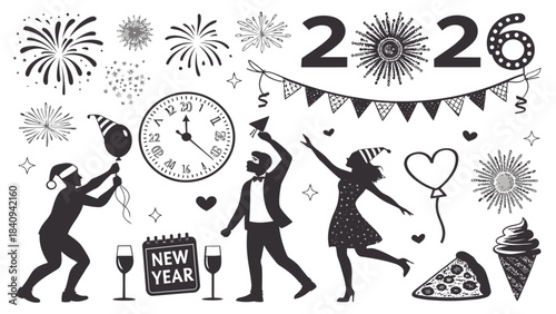 Happy New Year 2026 celebration with joyful people and festive decorations