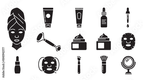 Minimalist glyph vector set of skincare and beauty routine icons featuring cosmetic products and tools for personal care spa and wellness branding or app design