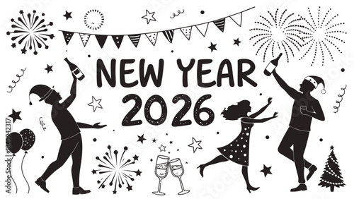 Happy New Year 2026 celebration with dancing people and fireworks