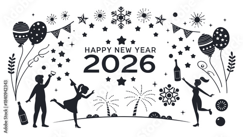 Happy New Year 2026 celebration with joyful people and festive decorations