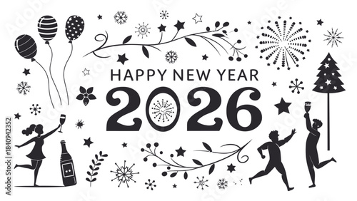 Happy New Year 2026 celebration with joyful people and festive decorations