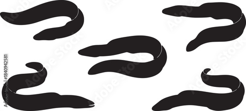 Five Black Eel Silhouettes with White Outline fish