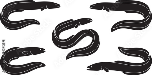 Six Black Eel Silhouettes in Various Poses fish marine life