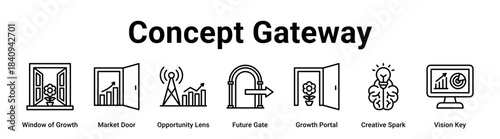 Concept Gateway web banner icon vector illustration concept for business with icon of Window of Growth, Market Door, Opportunity Lens, Future Gate, Growth Portal, Creative Spark.