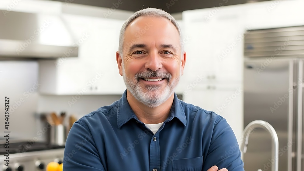 Obraz premium Smiling middle-aged man in modern kitchen