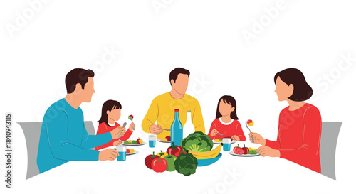 A cheerful family gathers around the table for a healthy and balanced meal, featuring a variety of fruits and vegetables.