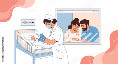 A nurse cares for a newborn baby in a hospital nursery while proud parents watch through a glass window.