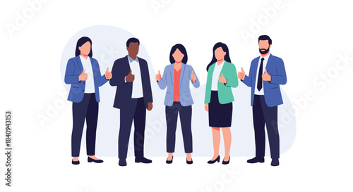 A diverse team of five business professionals confidently gives thumbs-up gestures, symbolizing approval, agreement, and shared success in a collaborative work setting.