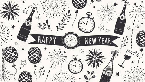 Happy New Year celebration background with fireworks and champagne