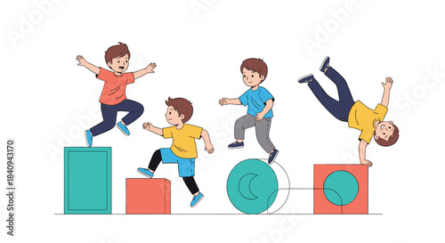 Four lively boys engage in active play, demonstrating various physical skills like jumping, stepping, balancing, and a handstand on colorful geometric shapes.