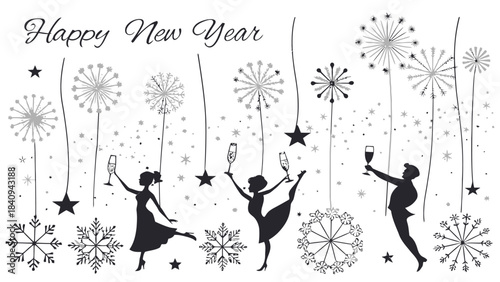 Silhouettes of people celebrating New Year's Eve with fireworks and champagne